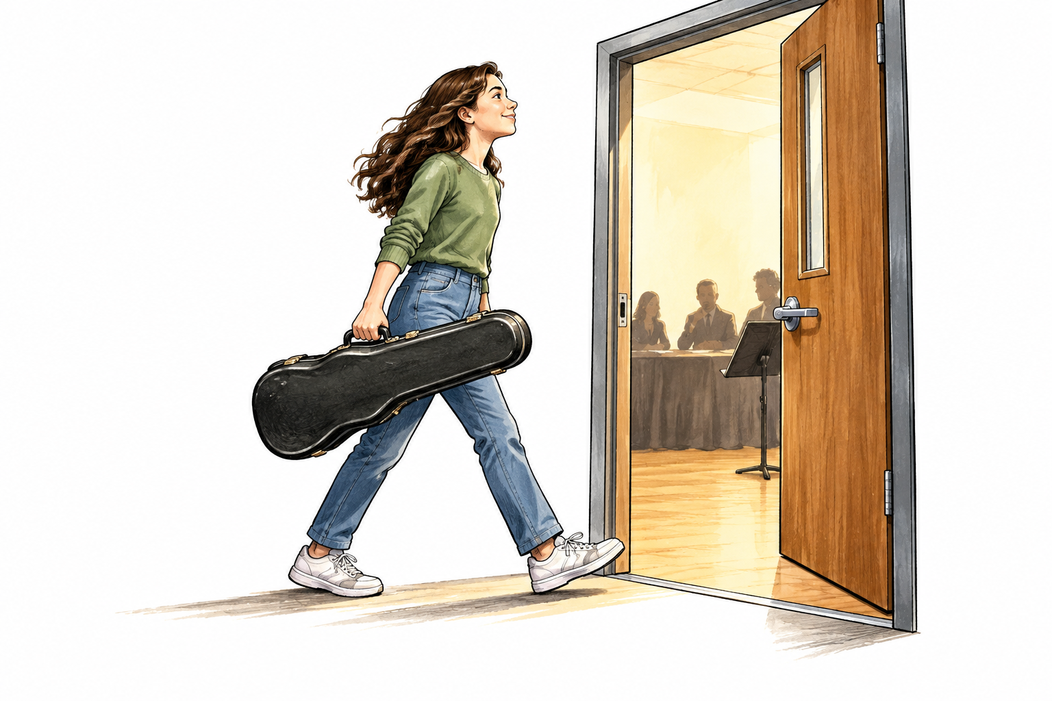 A student notices an open audition doorway and steps forward confidently carrying a violin, favorable chance.