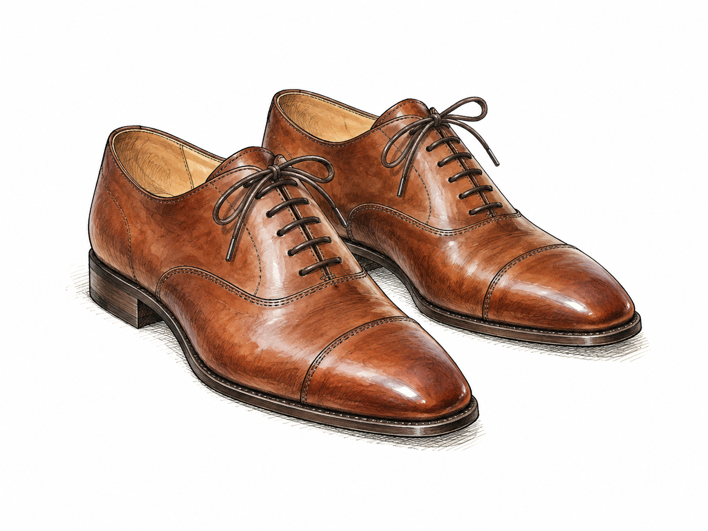 A pair of leather oxford shoes with closed lacing and low heels, clear tongue/vamp construction.