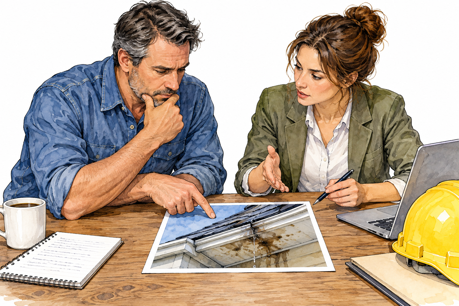 Two colleagues carefully discuss a leaking roof shown in photograph on table, subject under consideration.