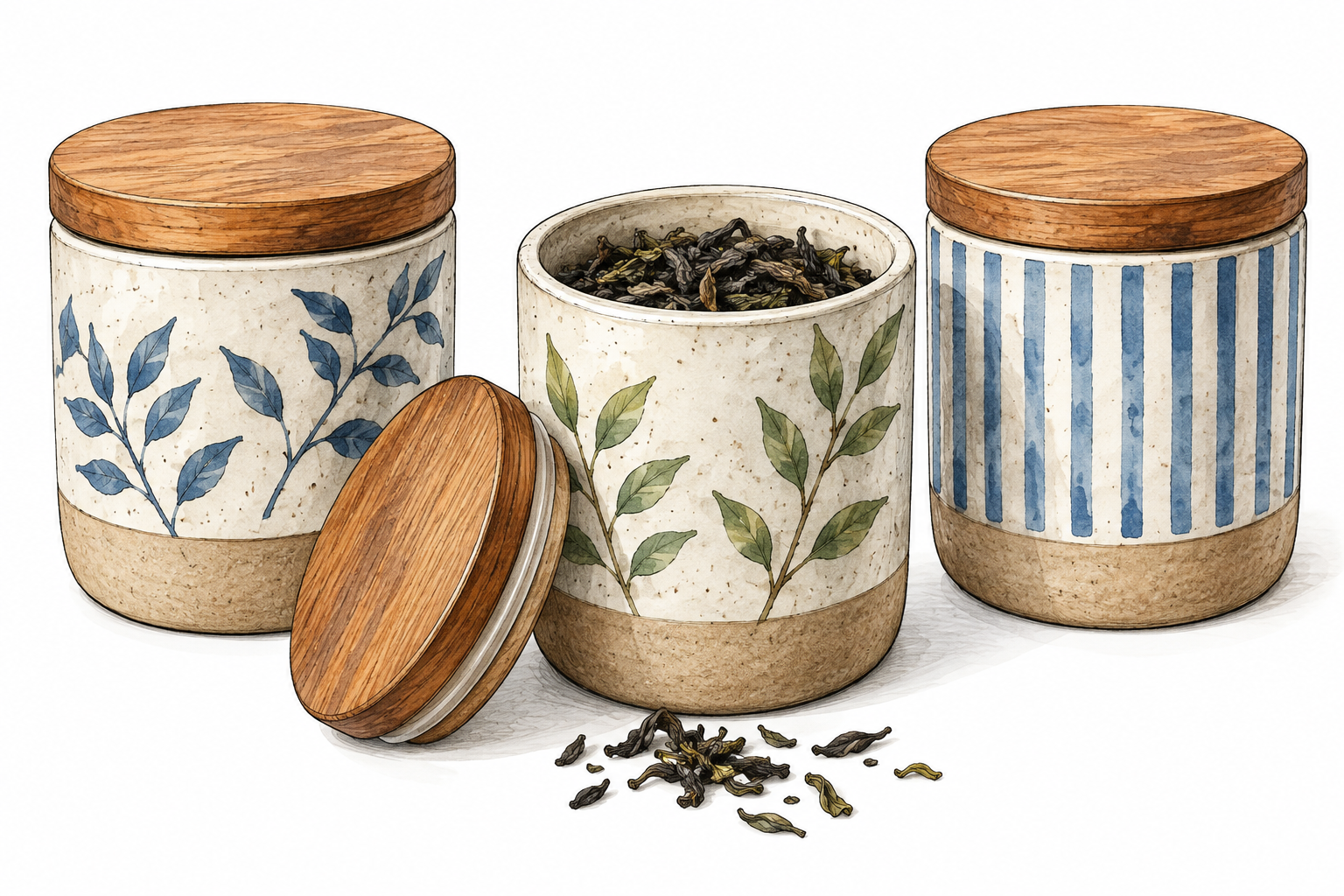 Three small cylindrical kitchen canisters with fitted lids, one open shows tea leaves.