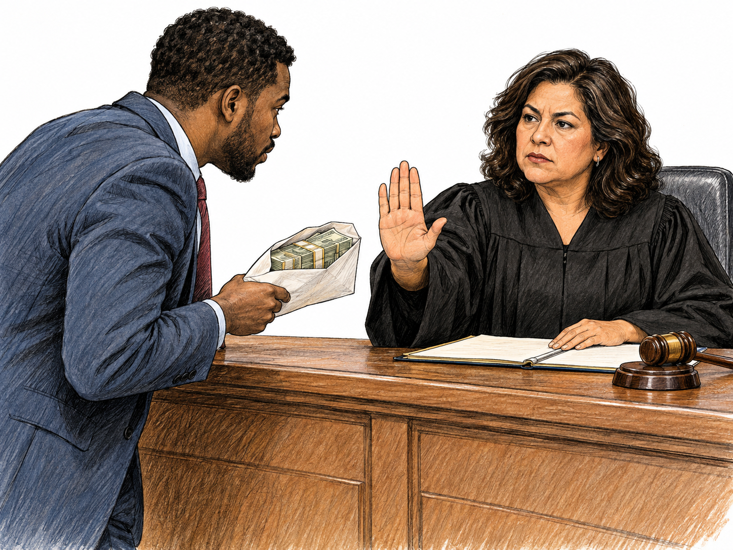 A robed judge firmly blocks a covert cash offer across her judicial bench while keeping her other hand on the case file.