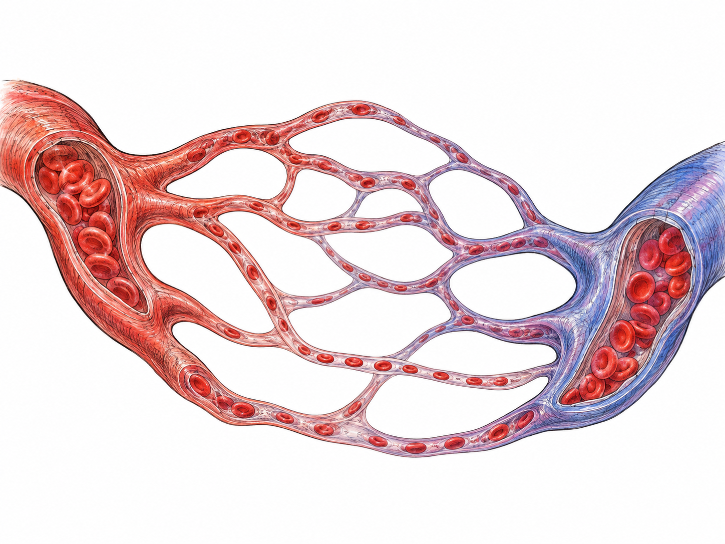 An enlarged anatomical view of a delicate capillary network bridging a thicker arteriole and venule, with red blood cells passing single-file through the tiny connecting vessels.