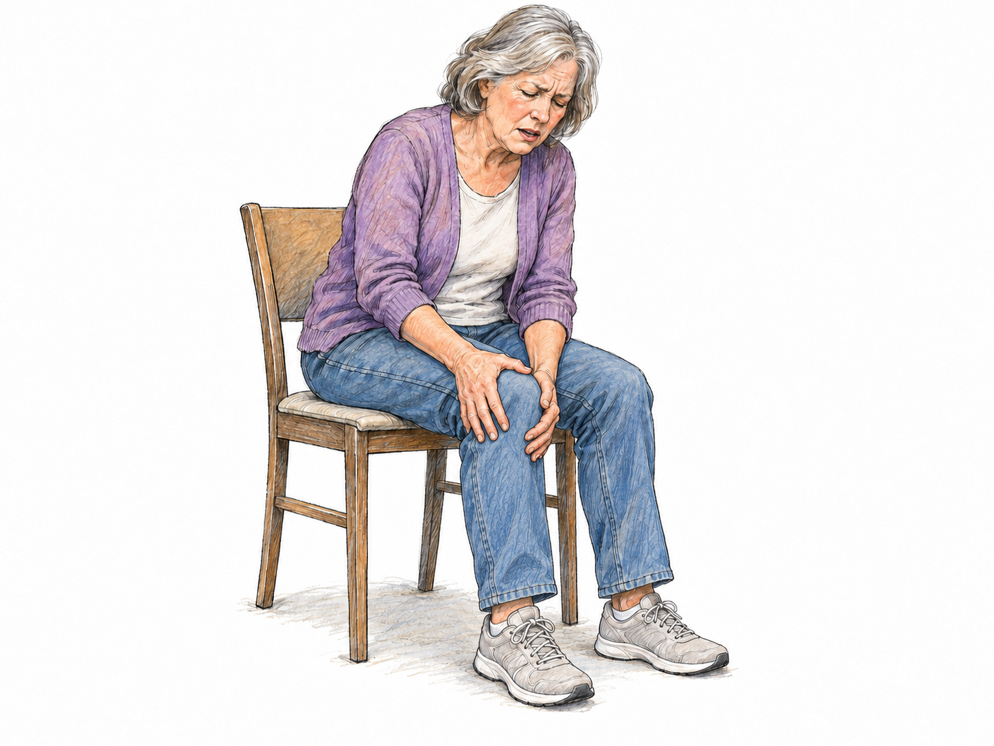 An older woman seated on a simple chair groans from an aching knee, holding it gently with a pained expression and her mouth slightly open on a low exhalation.