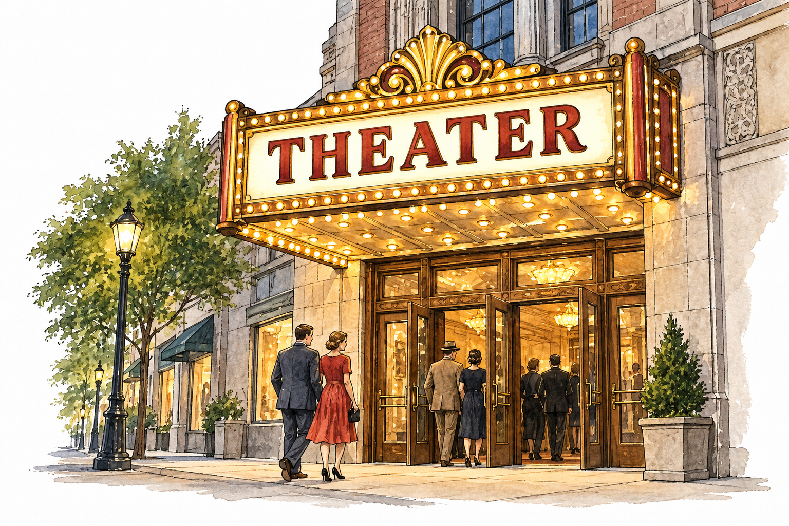 A theater entrance with a large projecting illuminated marquee sign above the doors; permit only indispensable short sign text 'THEATER', no other writing.