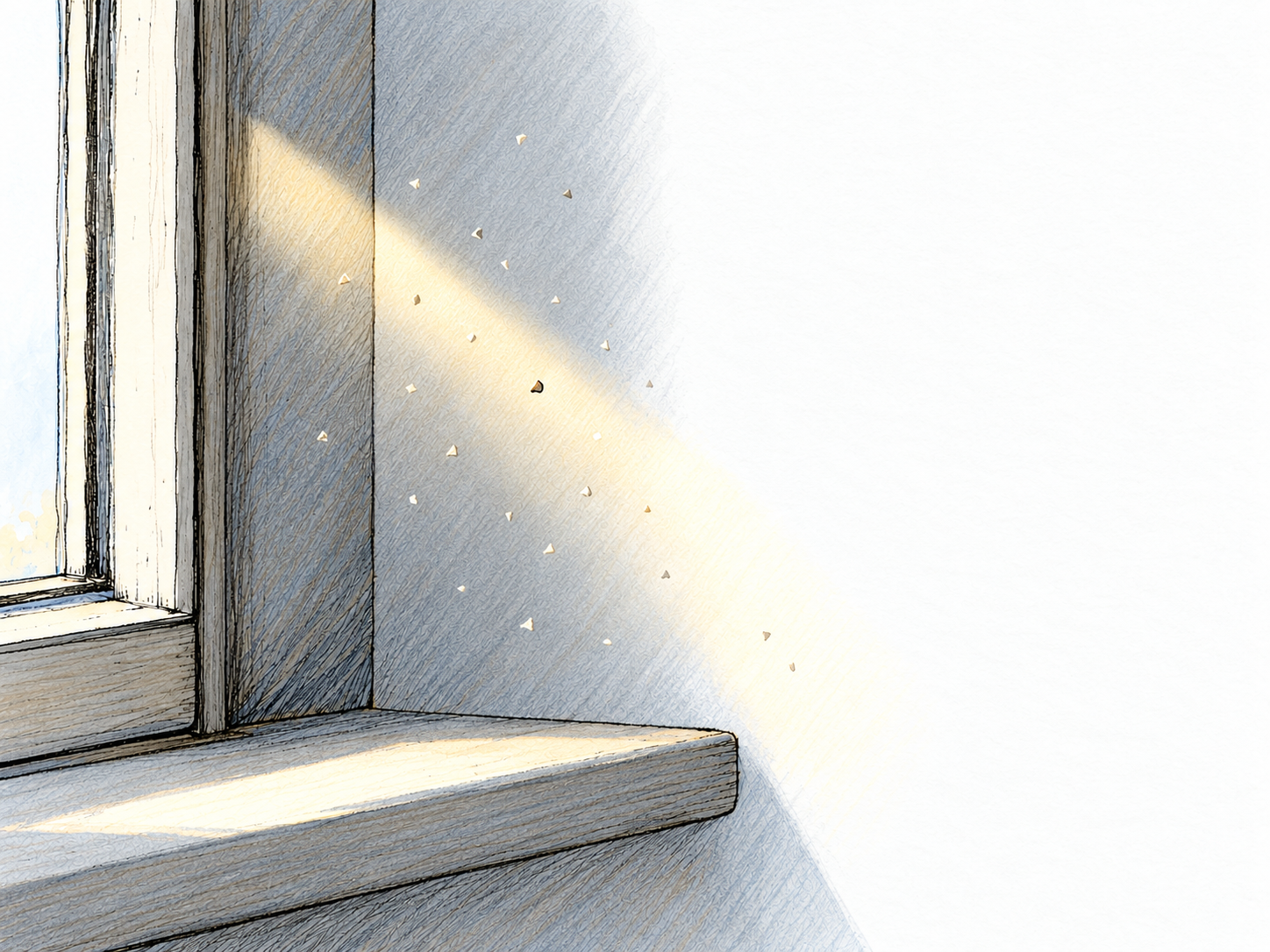 A few tiny, irregular dust motes suspended in a narrow shaft of sunlight beside a window, visible against a small shaded patch of the window recess.