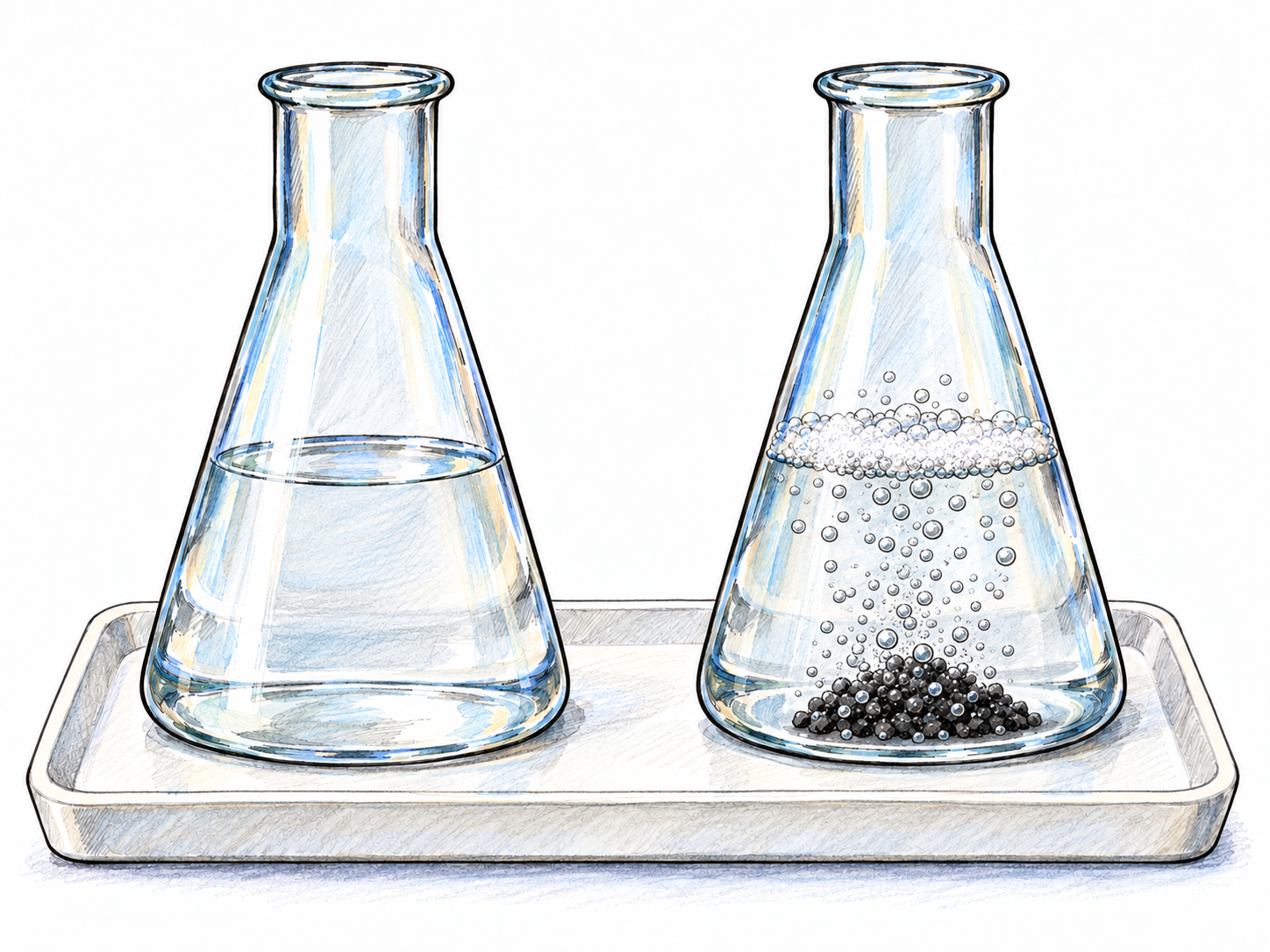 Two matching laboratory flasks contrast a quiet liquid with a vigorous gas-producing reaction accelerated by a small amount of solid catalyst.