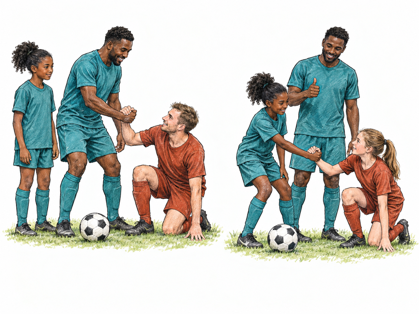 A sports club’s ethos of care and fair play is made visible through an adult’s example and a younger member’s matching conduct toward an opponent.