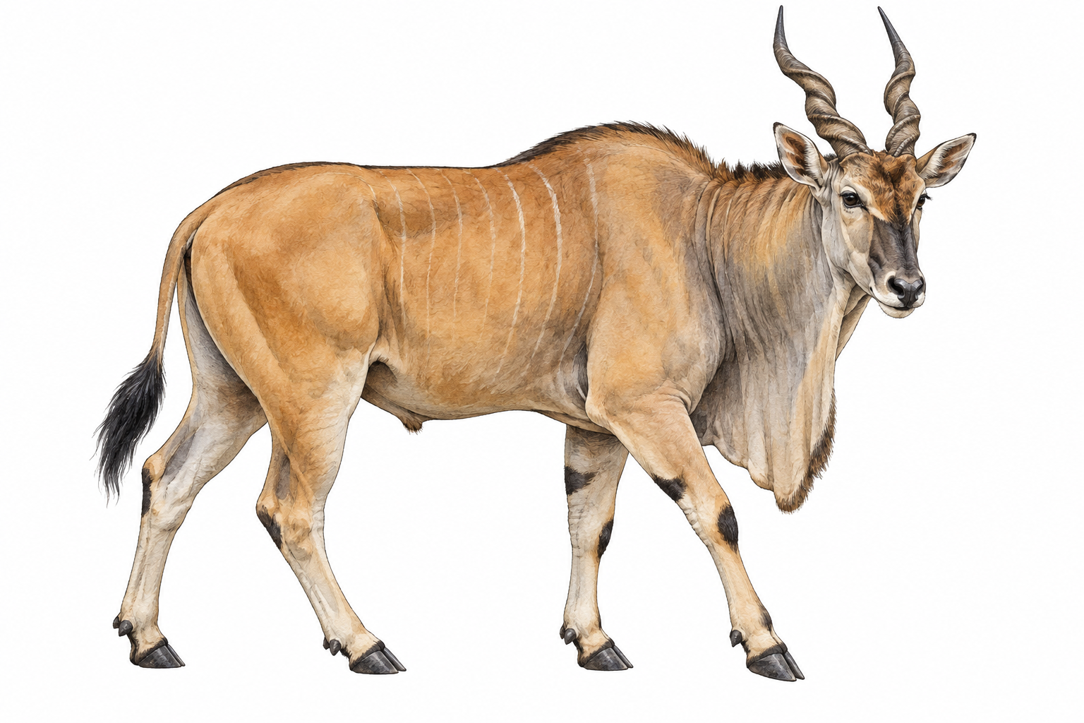African eland antelope with large tan body dewlap and tight spiral horns, natural savanna.