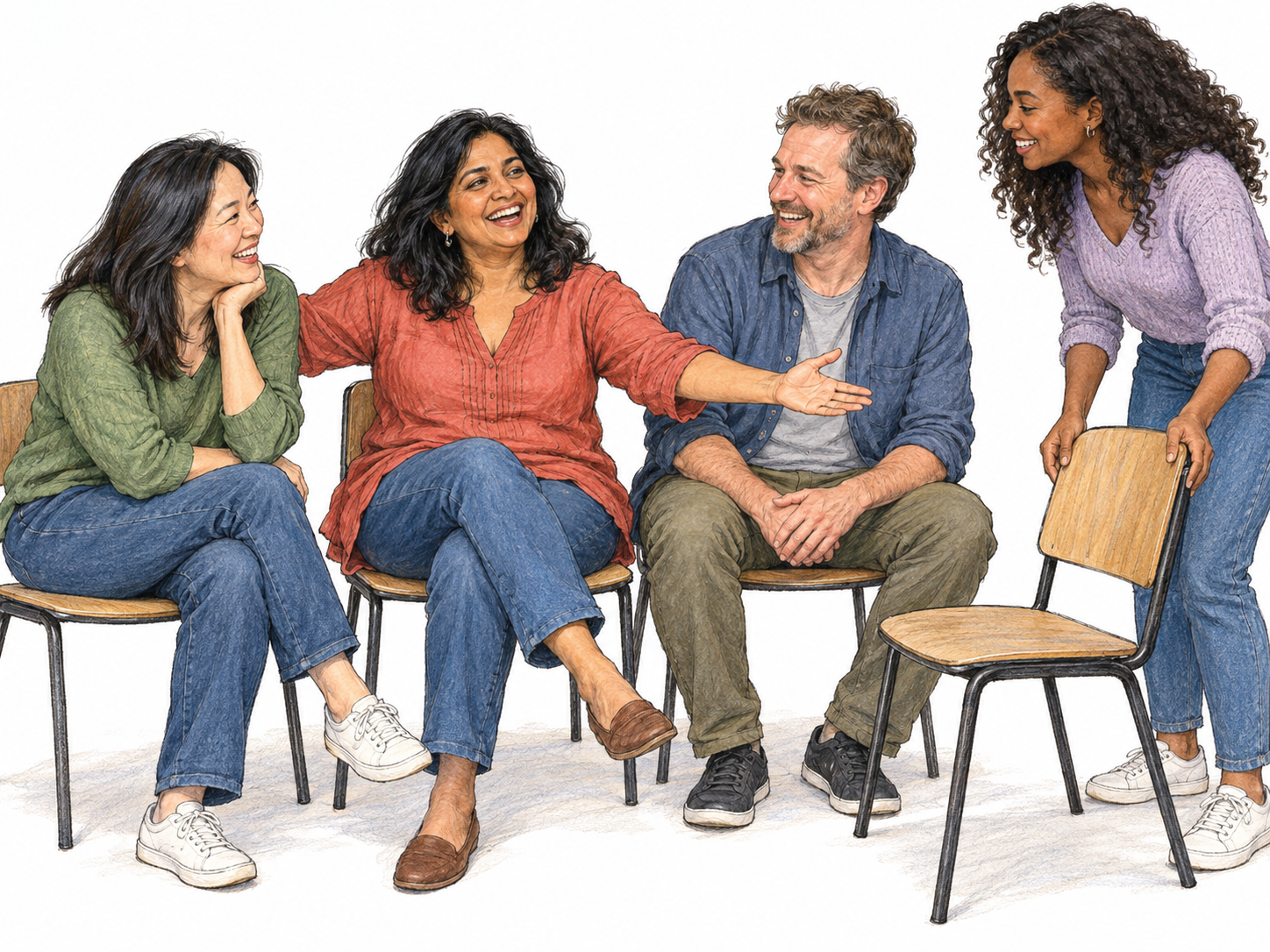 At a casual gathering, a warmly animated woman sits comfortably among friends, laughing with them while opening the circle to welcome another friend into an empty chair.