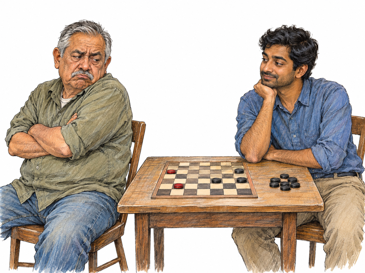 An older man sulks over losing a casual game of checkers: arms tightly folded, lips pushed into a pout, and torso turned pointedly away from the board.