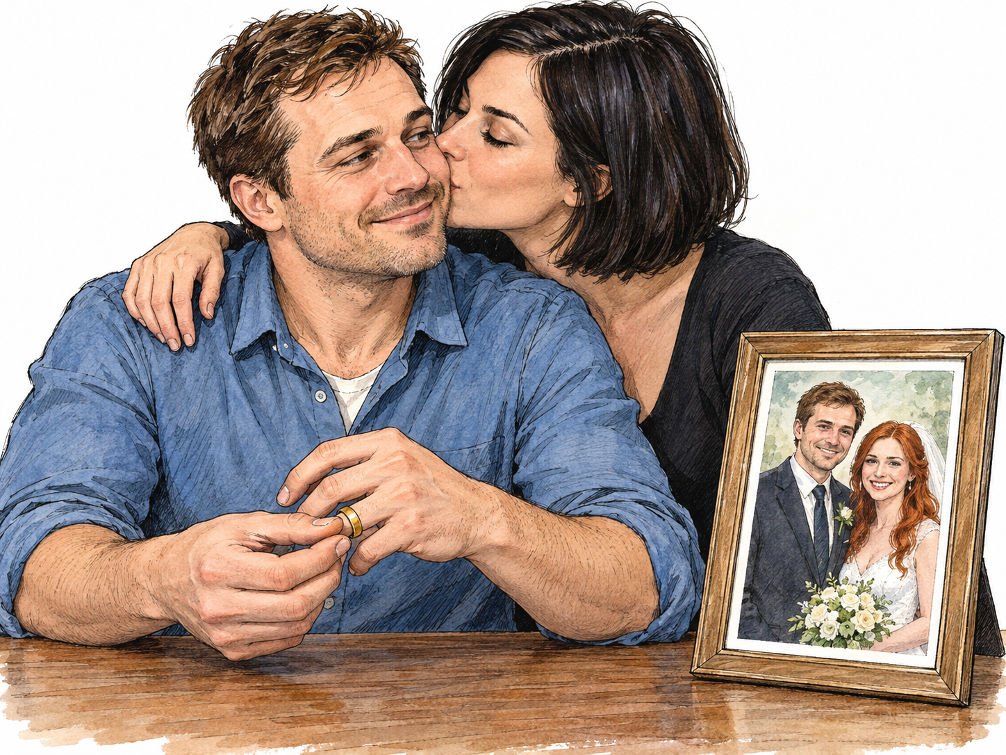 A married man slips off his wedding ring while another woman kisses his cheek.