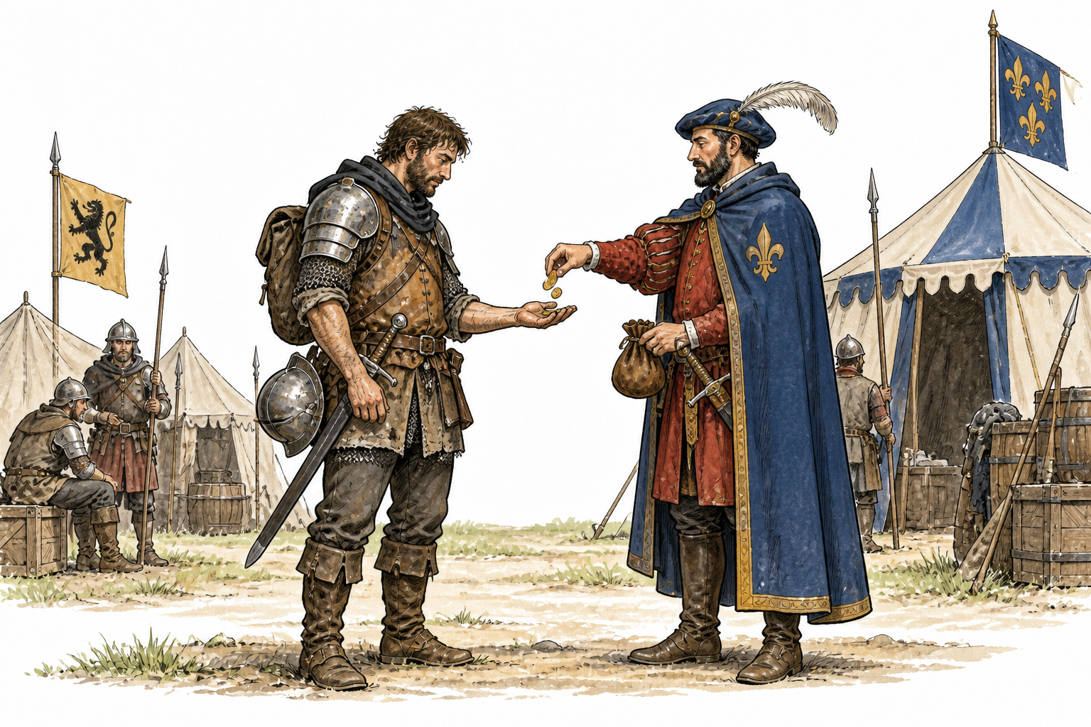 A hired medieval soldier receives coins from a foreign commander's envoy beside army camp, practical mixed armor, transaction focal, no text.