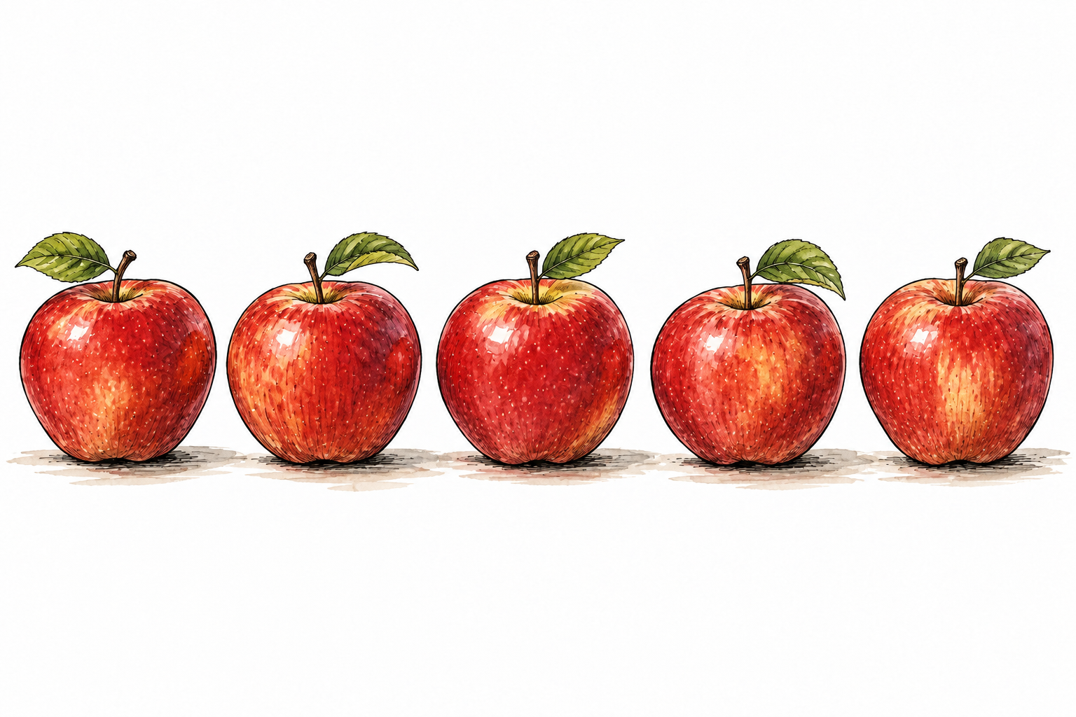 Exactly five red apples arranged in one clear row on white ground.
