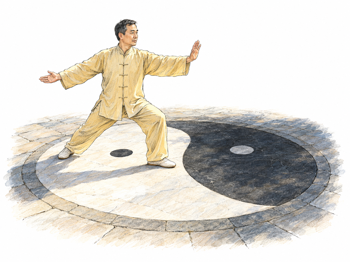 Represent yang through a sunlit, actively extending male tai chi practitioner standing on the white, black-dotted half of a taijitu courtyard inlay.