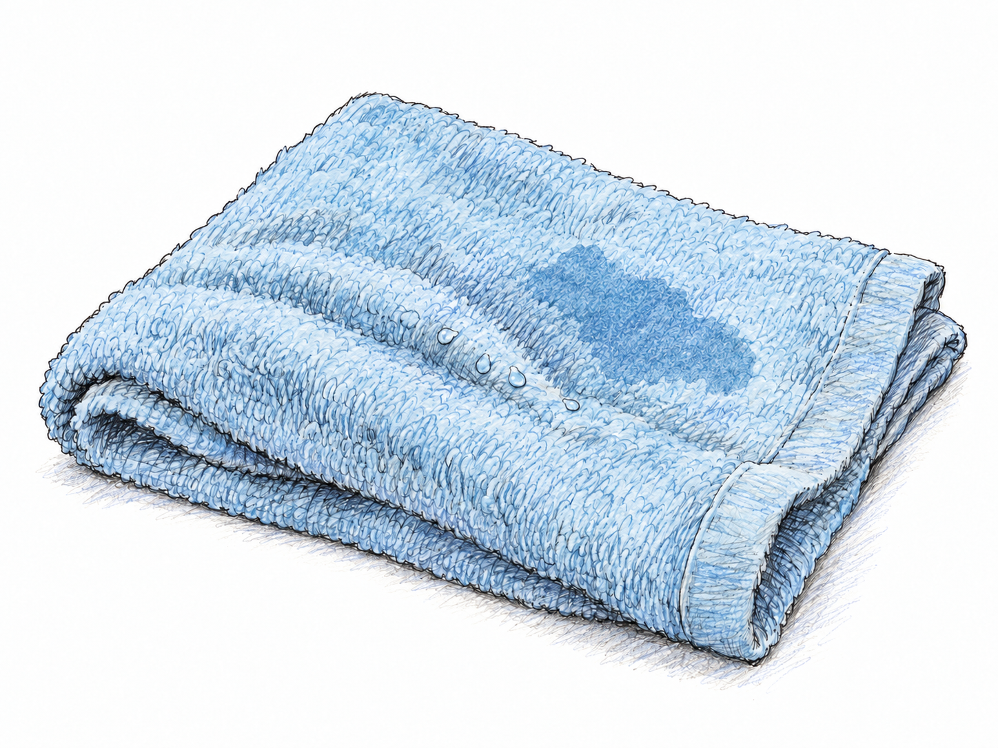 A folded cotton washcloth with a small, visibly damp patch, slightly darker than the surrounding dry fabric, and a few tiny beads of water caught in its folds.