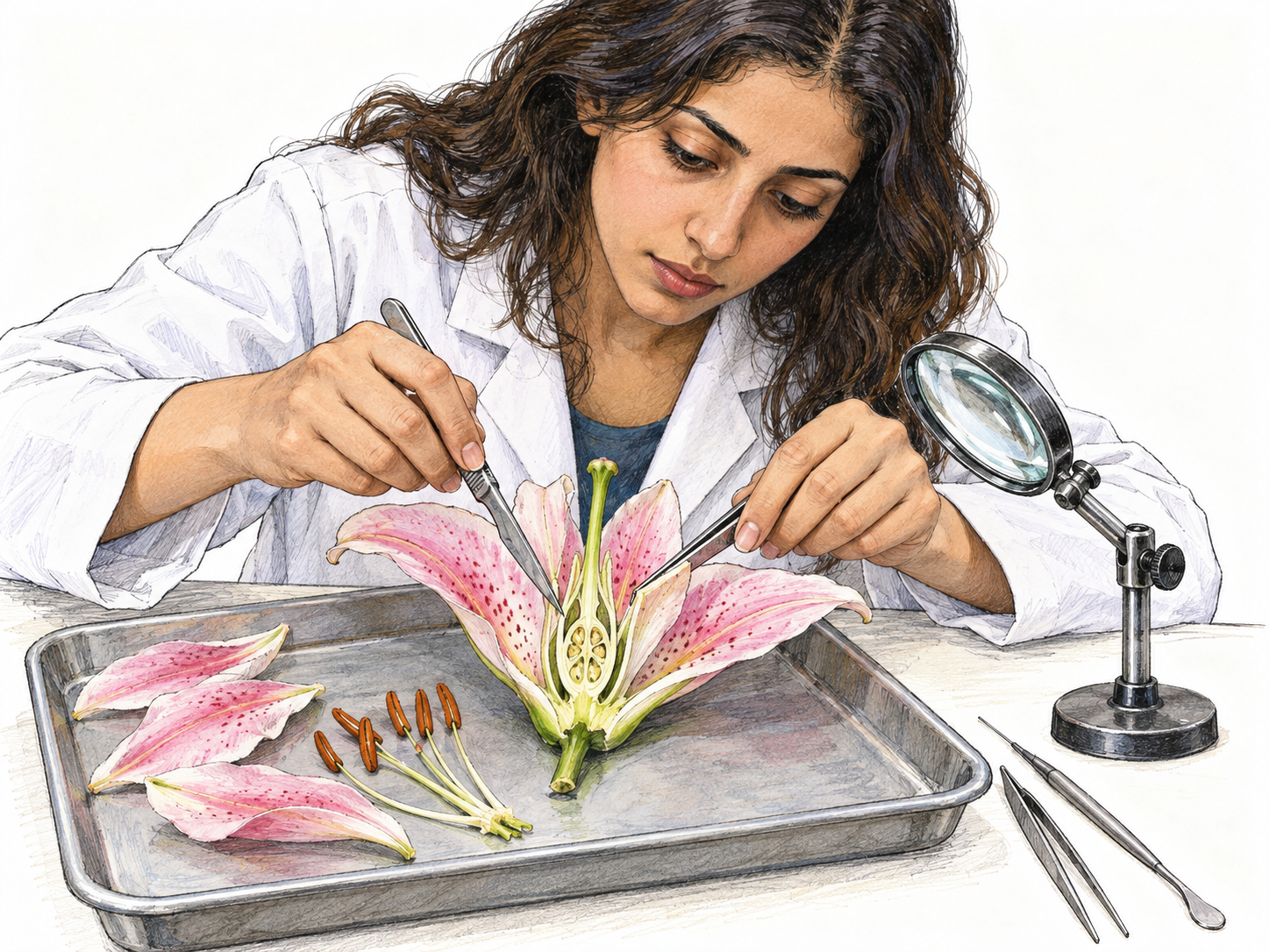 A biology student carefully cuts open a large lily flower on a laboratory dissection tray, exposing its internal structures for close study.