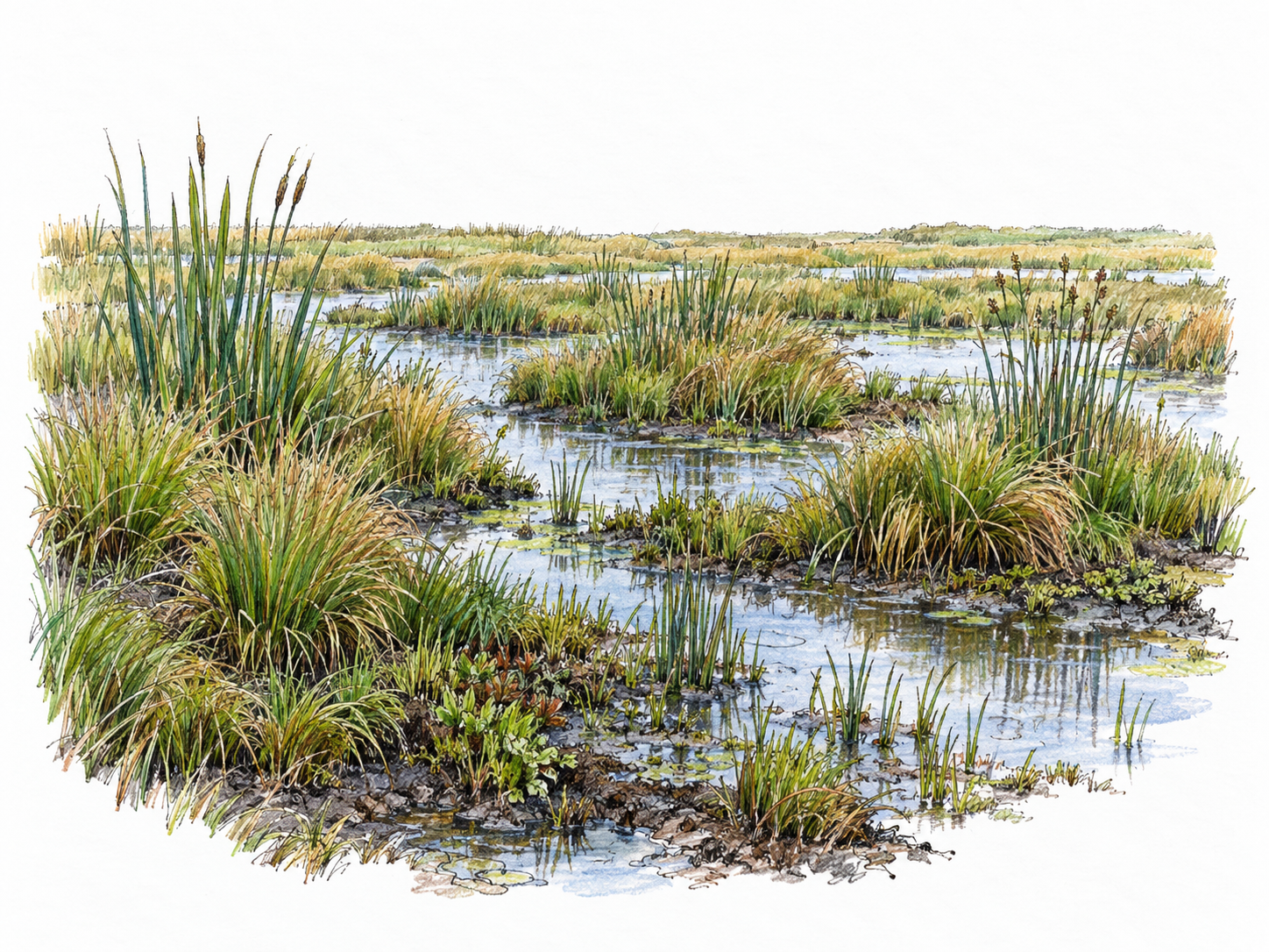 A low, flat fen with shallow standing water threading between dense sedge tussocks and rushes, with saturated dark soil visible along the water edges.
