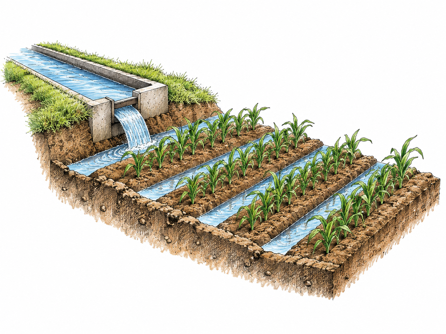 A small cutaway plot shows a supply channel distributing water into parallel crop furrows, distinguishing artificial irrigation from rain; no labels or broad farm panorama.