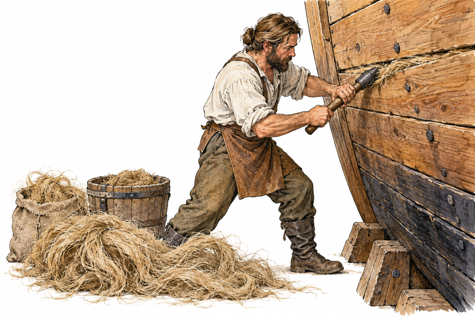 Loose teased hemp fibers and shipwright pressing oakum into seam between wooden hull planks.