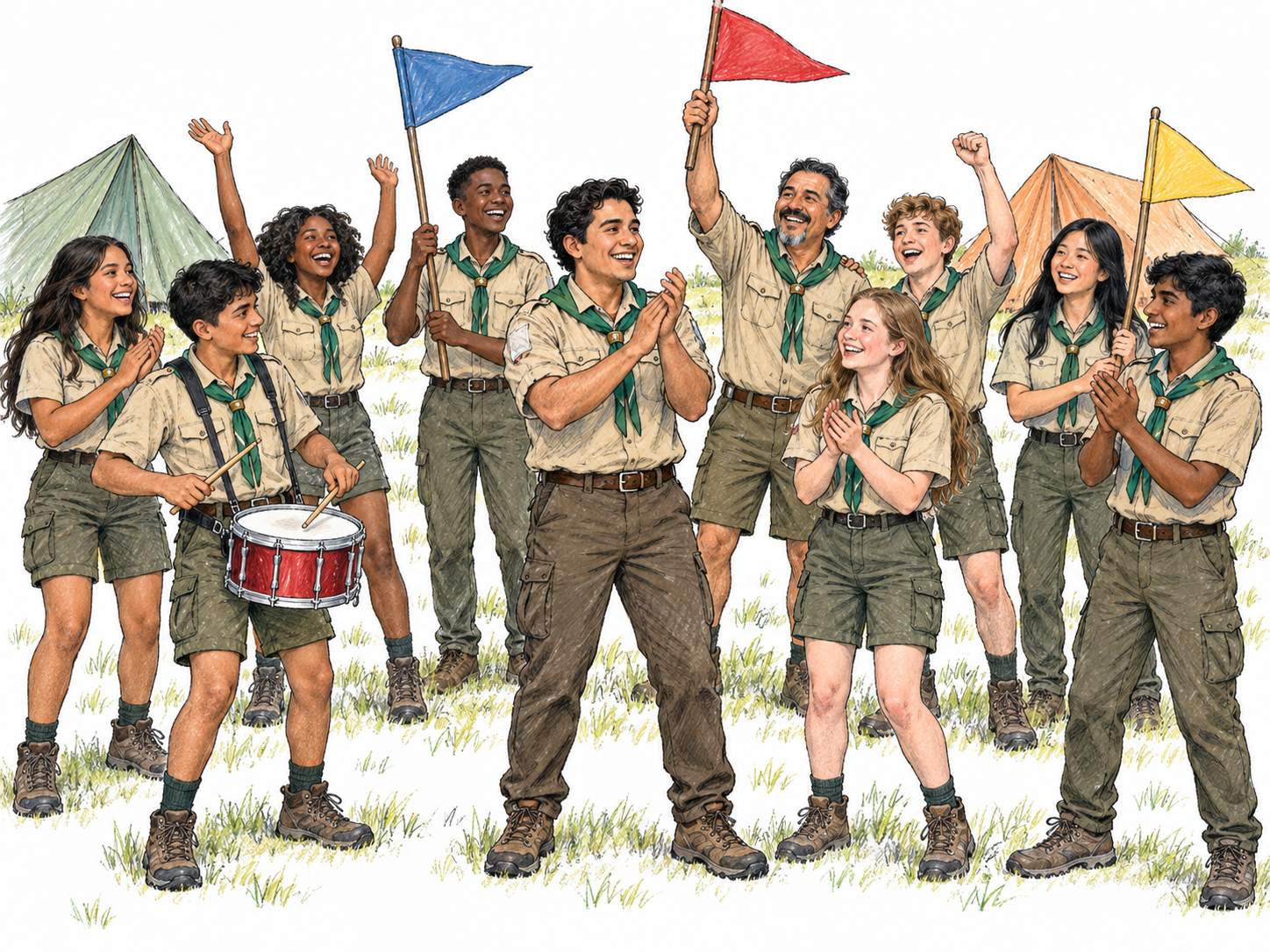 A lively outdoor scout gathering: eight scouts and two adult leaders form a broad semicircle, cheering and clapping as one scout beats a small drum.