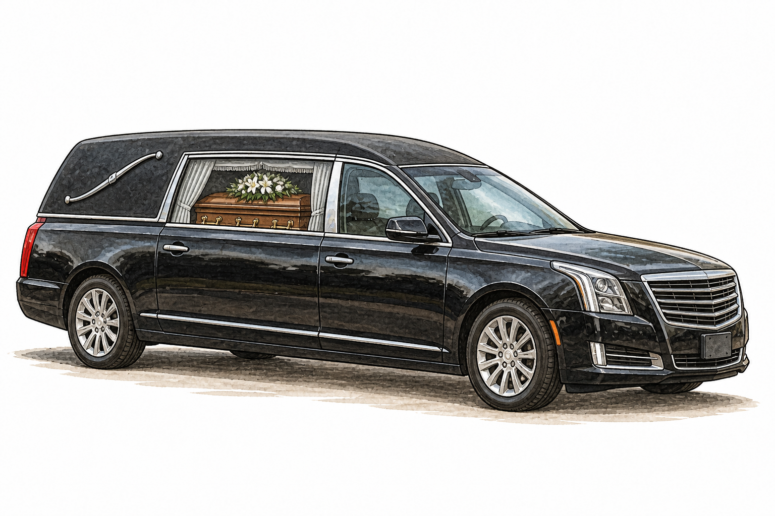 Dignified black funeral hearse with visible closed coffin through side window, no mourners caricatured.