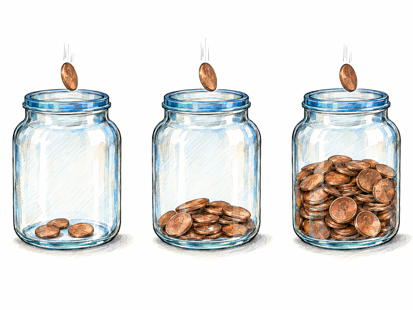 A text-free three-stage sequence shows coins gradually accumulating in the same glass savings jar: a few coins, a shallow pile, then a substantial heap.