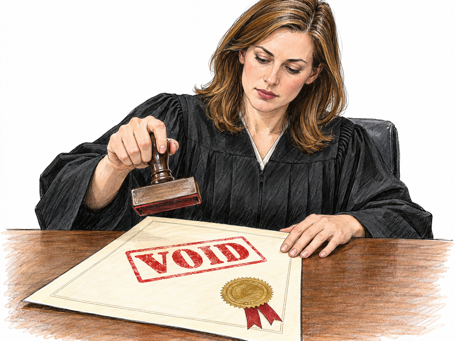 A judicial official presses a VOID stamp onto a formal document bearing an embossed seal, visibly cancelling its legal force.
