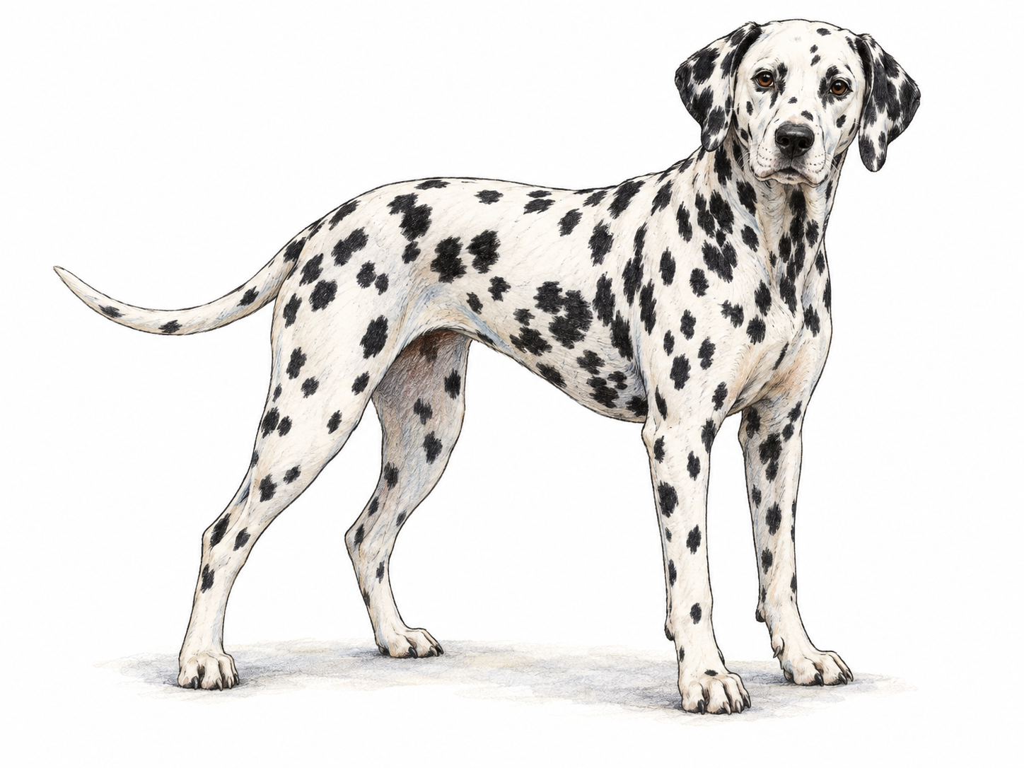 A single adult Dalmatian standing in three-quarter side view, showing its athletic build, short white coat, distinct dark spots, floppy ears and long tapering tail.