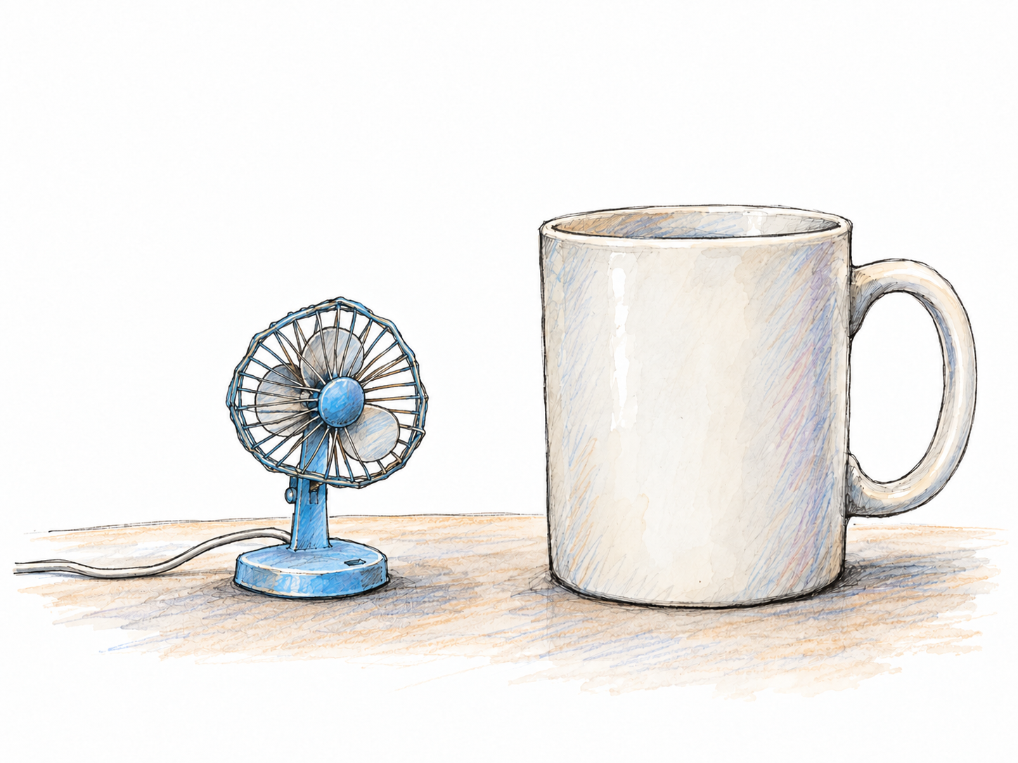 A tiny, flimsy desk fan beside a normal-sized plain ceramic mug: its narrow plastic stand, small blades, and slightly crooked grille make it look cheap and unimpressive.