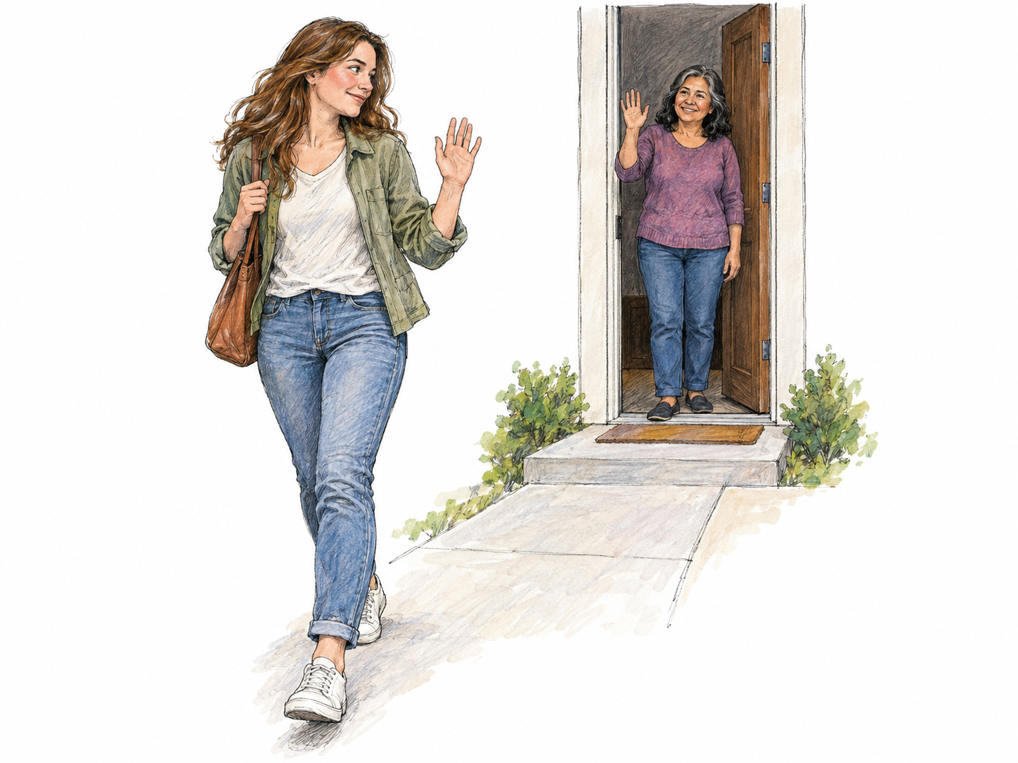 A young woman walking away from an open front doorway turns back to give a relaxed farewell wave to an older woman remaining at the threshold.