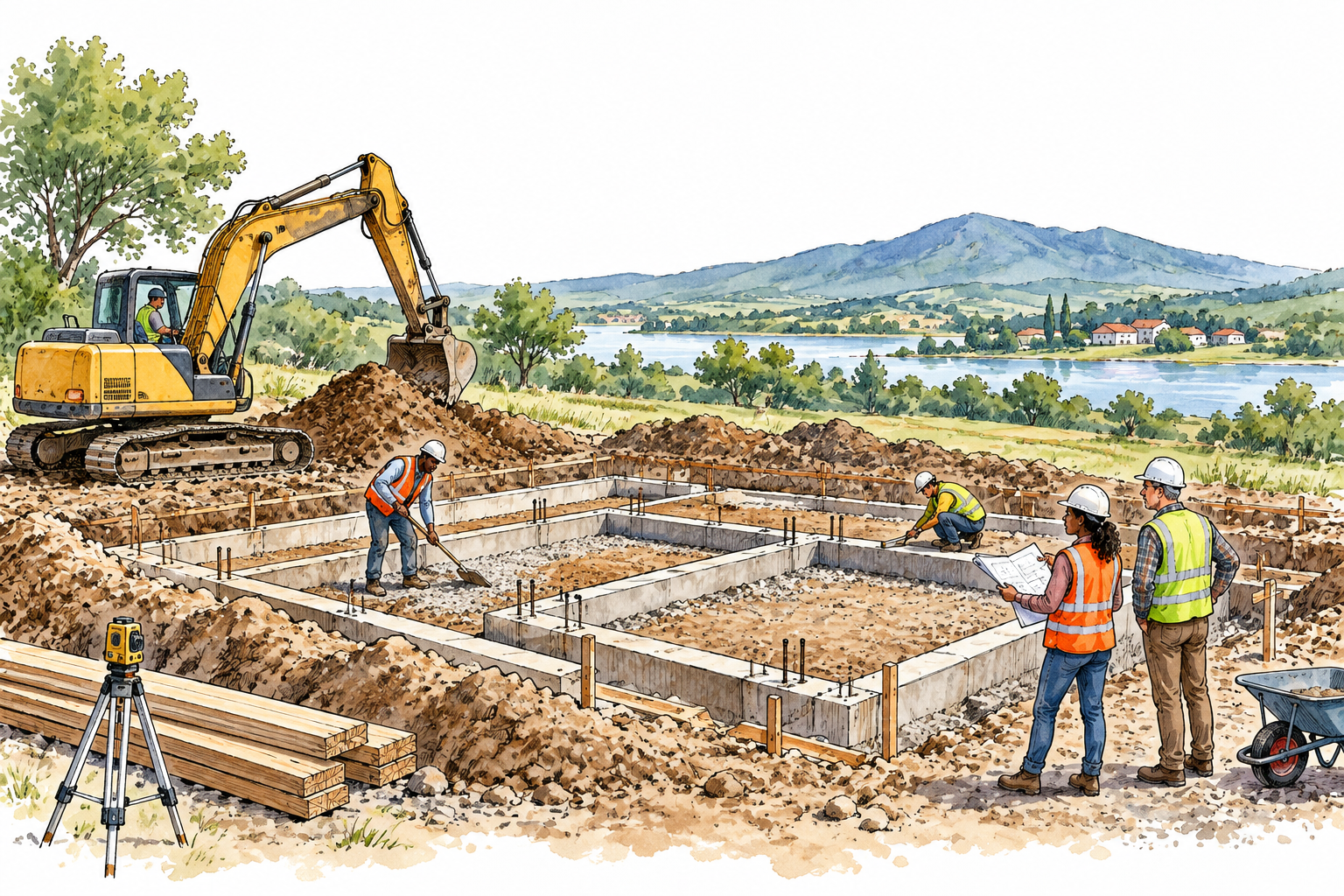 A construction site with outlined foundation, workers and excavation, site location clear in a broader landscape.