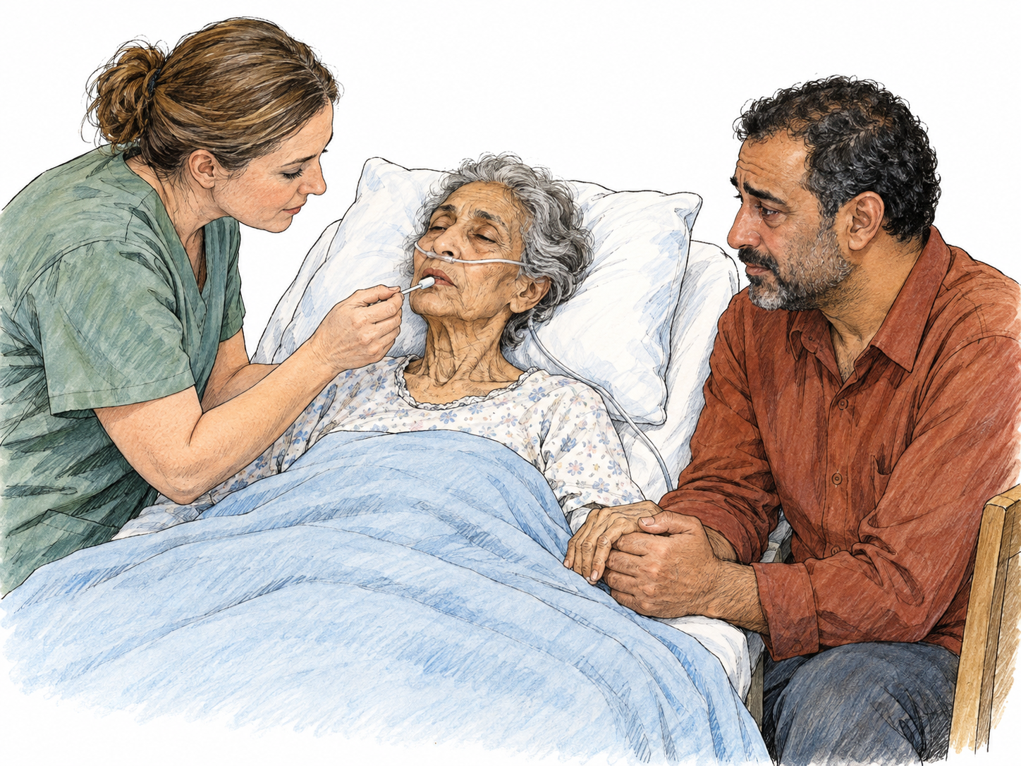 Hospice as comfort-focused end-of-life care: a nurse gently moistens a profoundly frail patient's lips while an adult son holds her hand beside a home-care bed.