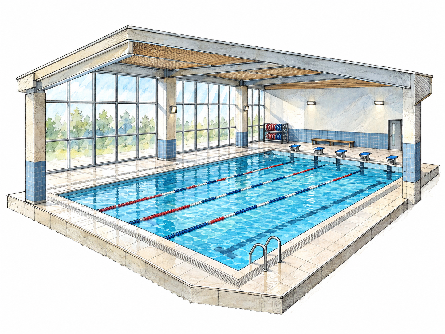 An indoor swimming facility shown as a simple cutaway: a purpose-built lap pool, lane ropes, starting blocks, and access ladder make the building's dedicated function immediately visible.