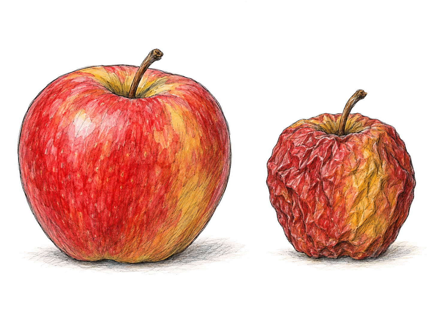 A simple left-to-right comparison of the same apple before and after drying: initially plump, then visibly smaller and shriveled, showing a decrease in size.