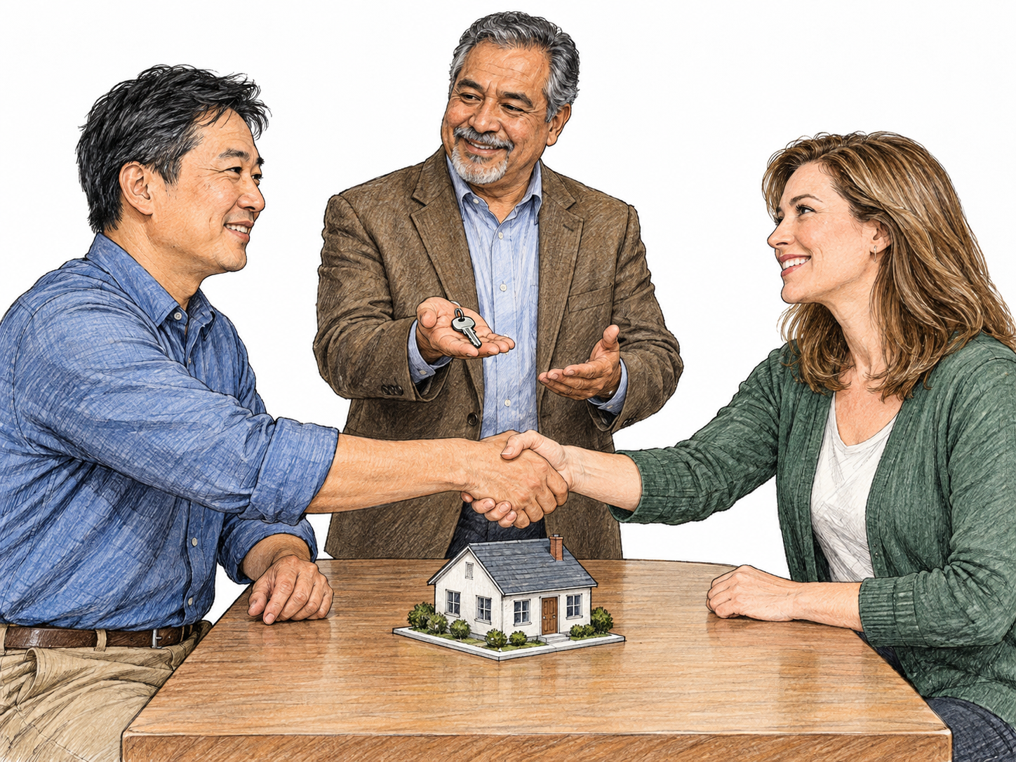 A property broker stands between a seller and buyer, presenting the house key as the two clients shake hands across a table.
