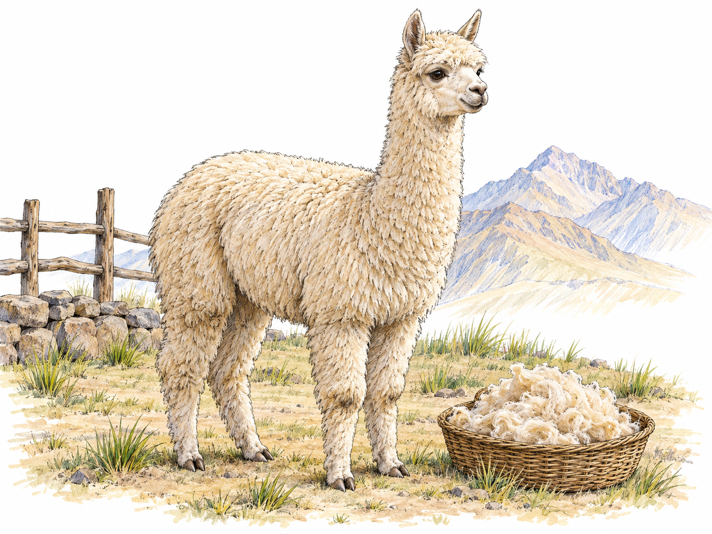 A clearly recognizable, densely fleeced alpaca standing in a simple Andean pasture enclosure, with a small basket of shorn fleece beside it.