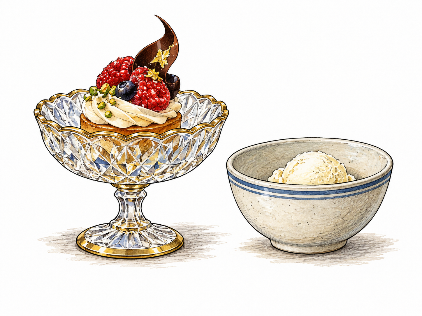 Fine ornate crystal dessert dish holding a small elaborate confection beside plain everyday bowl, optional expensive pleasure obvious.