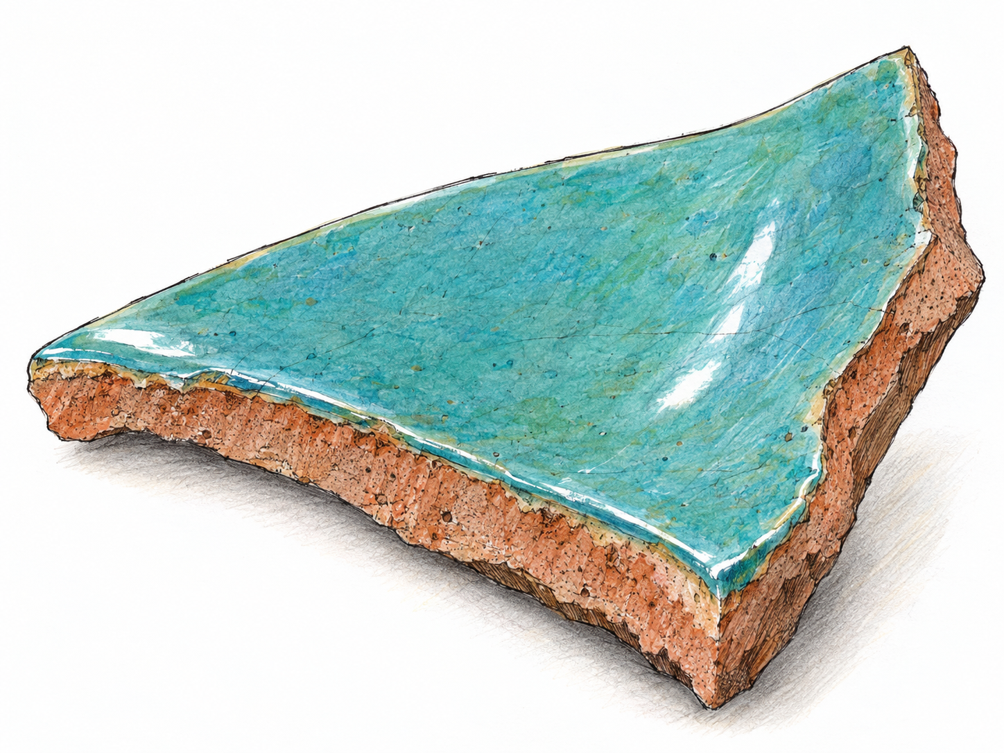 A broken piece of ceramic pottery contrasts a smooth, translucent, glasslike turquoise glaze with its exposed rough, matte clay body.