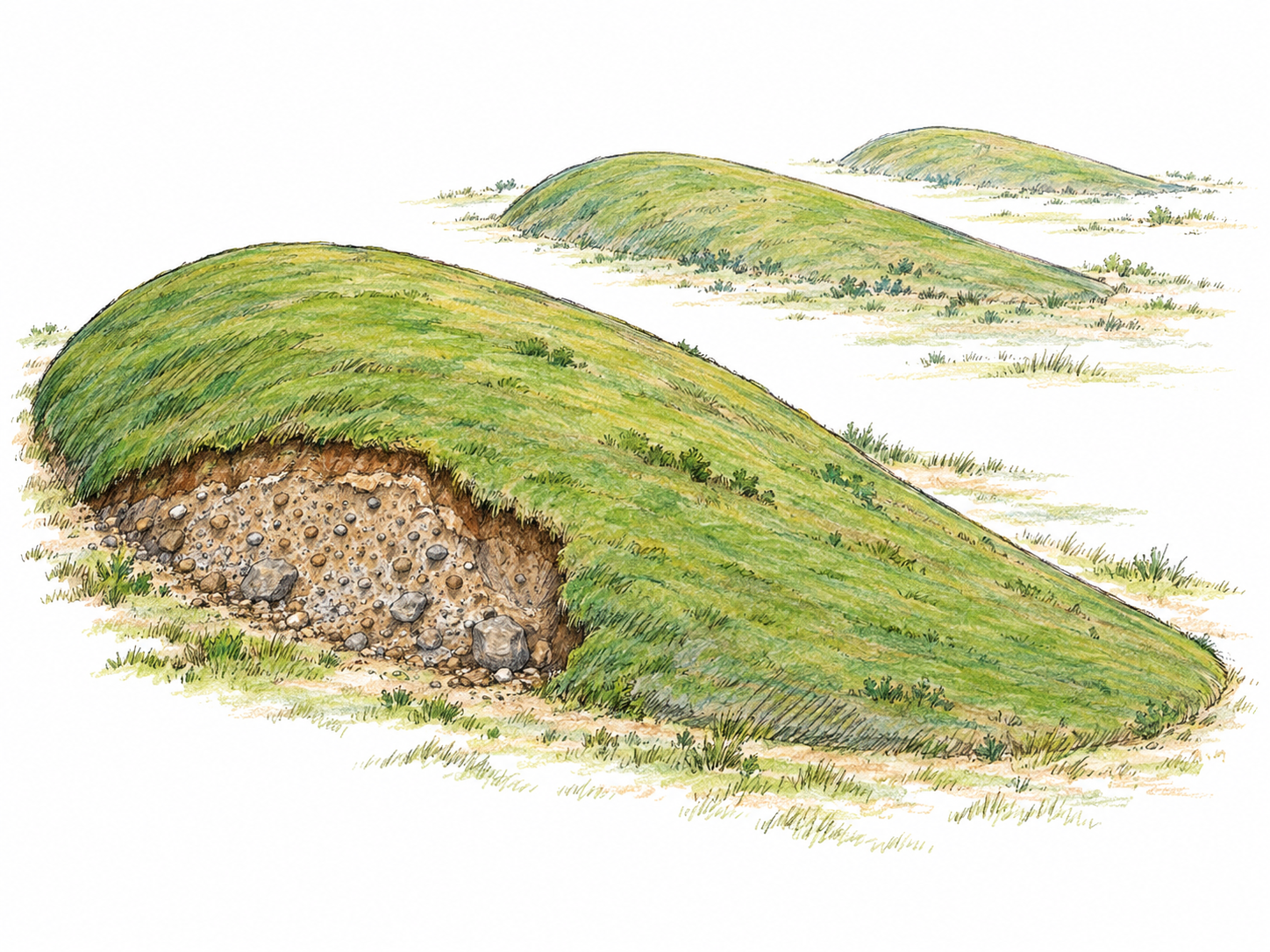 An isolated, smooth oval drumlin seen obliquely from above, with a rounded broad end tapering into a lower narrow end.