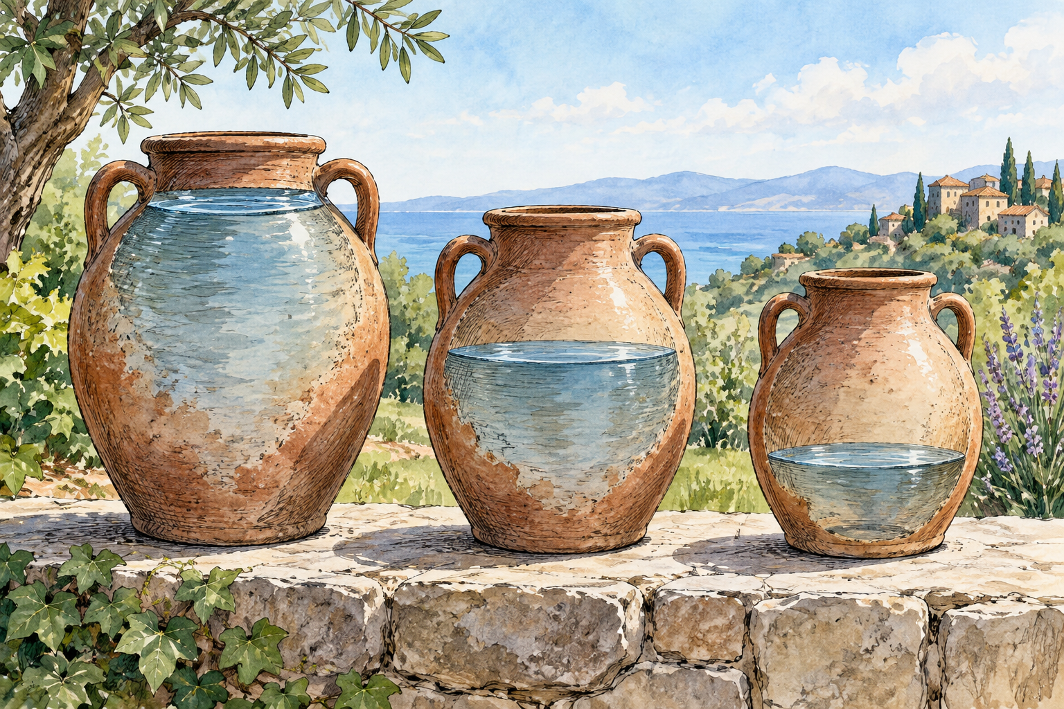 Three water jars at successively lower fill levels, clear reduction in amount.