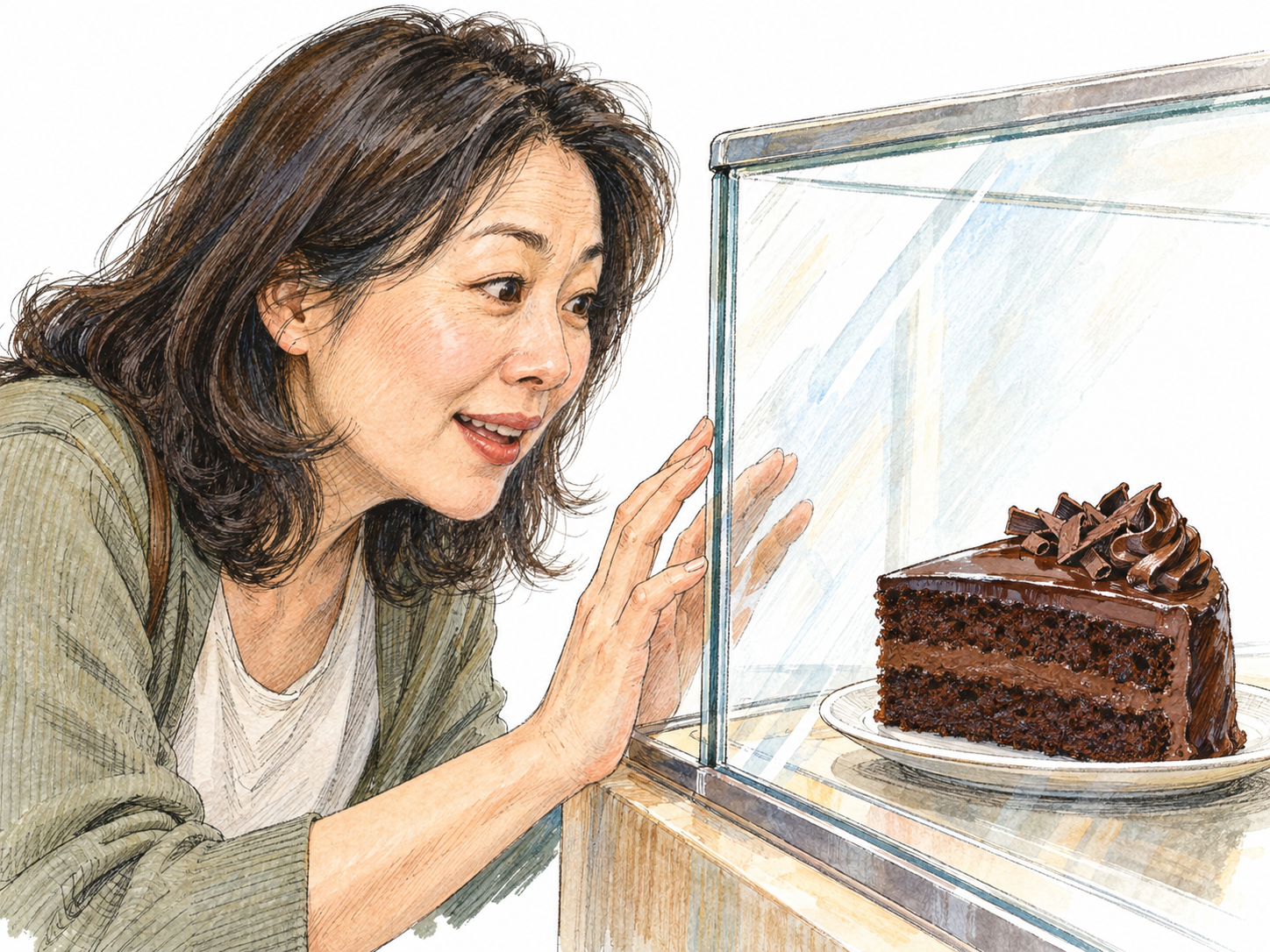 A woman leans eagerly toward a chocolate dessert behind a café display pane, eyes fixed on it, lips slightly parted and fingertips resting against the glass.