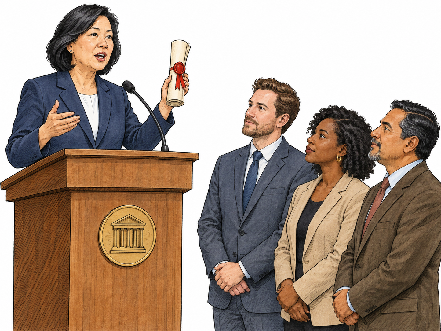 A civic official makes a formal public announcement from a lectern while displaying a rolled sealed document; exactly three attentive adult listeners, no document text.