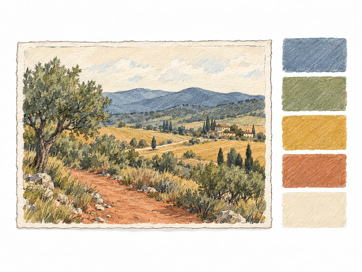 A small color-swatch strip lies directly beside a finished landscape painting that visibly uses the same limited range of colors.