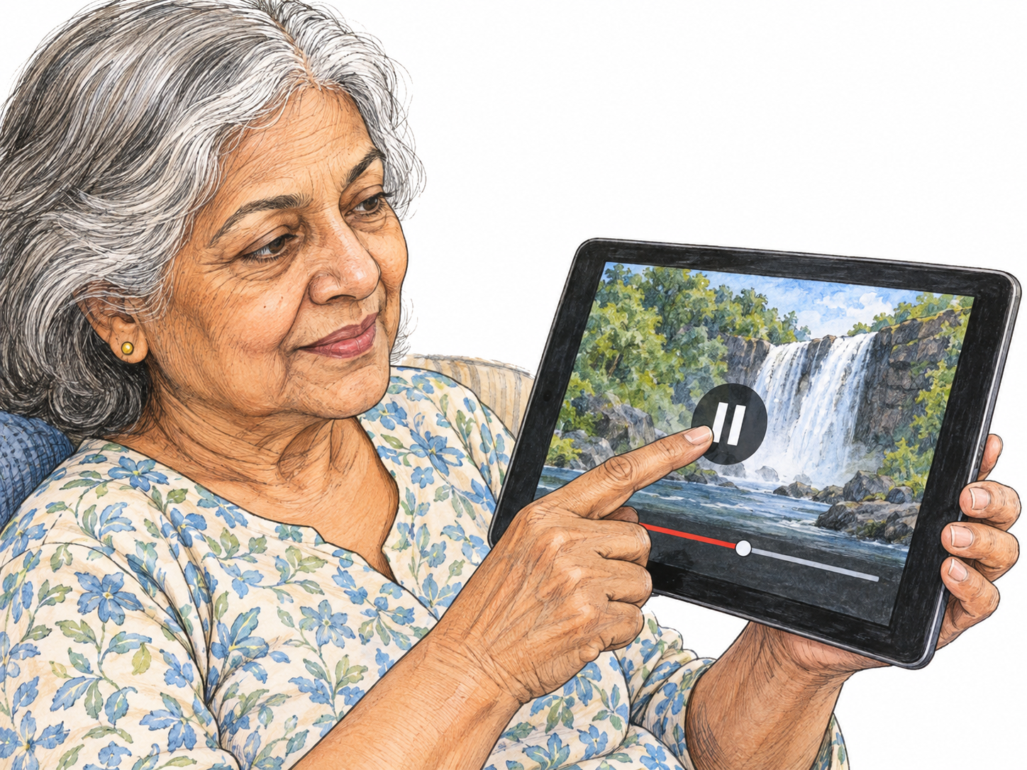 An older woman temporarily pauses a video on a tablet; its prominent pause symbol and partly completed playback bar make the interruption visible without suggesting deletion or a permanent ending.
