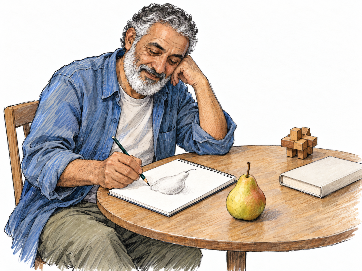 An older man naturally gravitates toward sketching: seated at a small table with several leisure options, he is already absorbed in drawing a pear while an unopened puzzle and a closed, unmarked book remain aside.