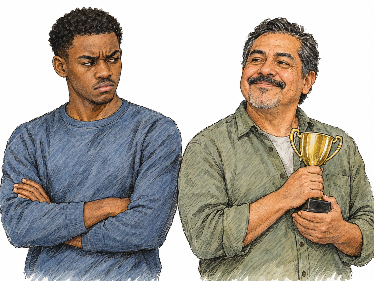 A young man resentfully eyes a small award held by a pleased older man beside him, making the resentment about another person's receiving something unmistakable.