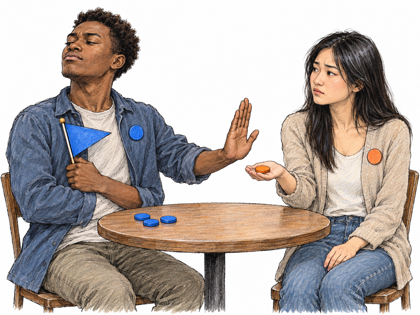 At a simple club table, a member proudly clutches his group's plain blue pennant while dismissively refusing an equally prepared visitor wearing a different group color.