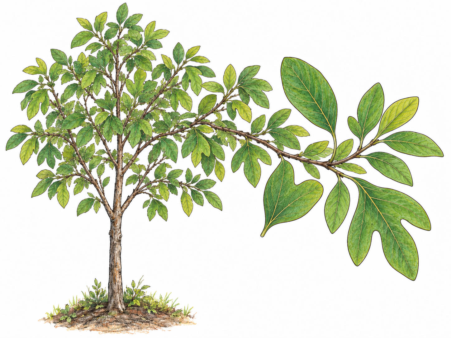 A young North American sassafras tree with a clearly visible branch bearing its distinctive mixture of oval, mitten-shaped, and three-lobed green leaves.