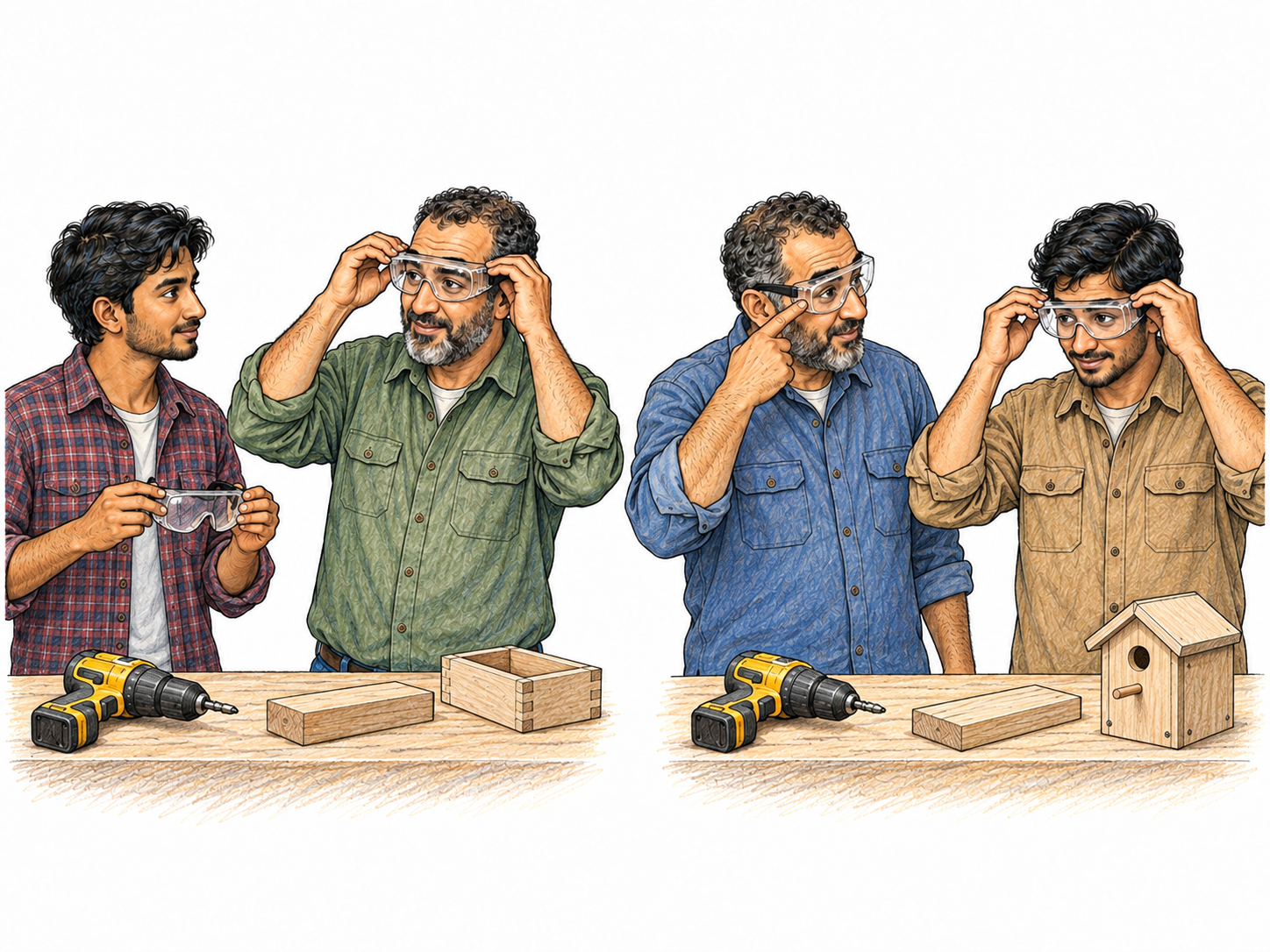 Two sequential workshop vignettes show an instructor repeatedly reinforcing the same safety habit with one learner.