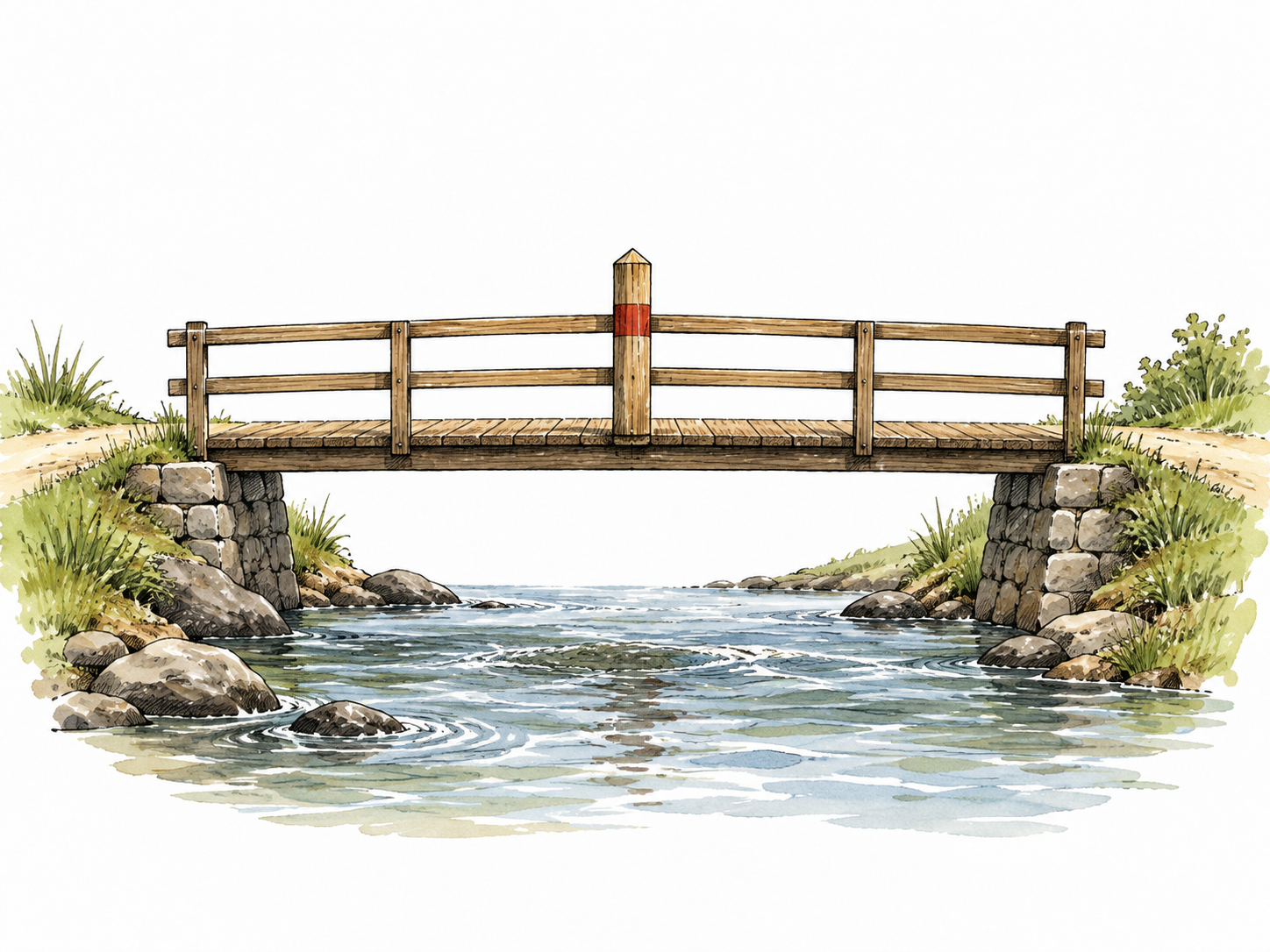 A wooden marker stands halfway along a bridge between two banks, unmistakable middle position.